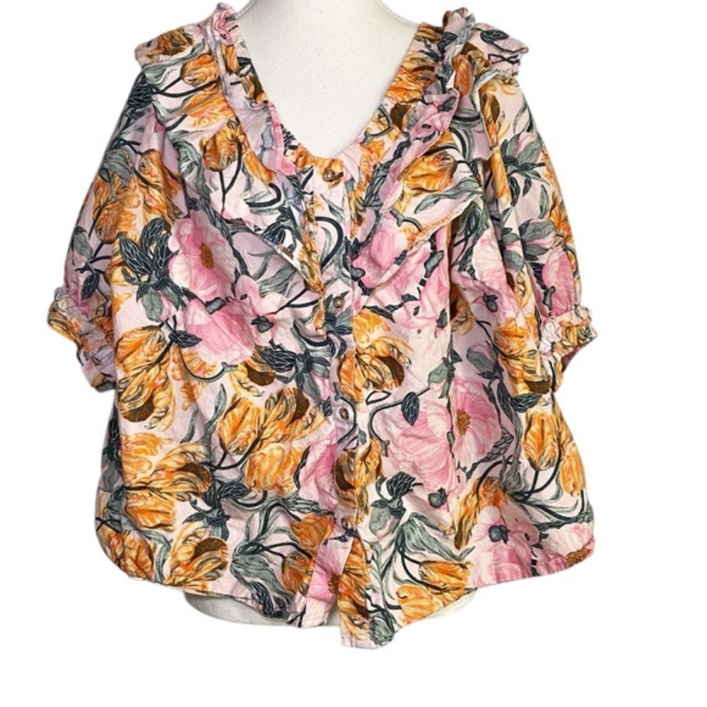 Cecilia Pettersson for Anthropologie Bold Floral Ruffle Button-Down Blouse